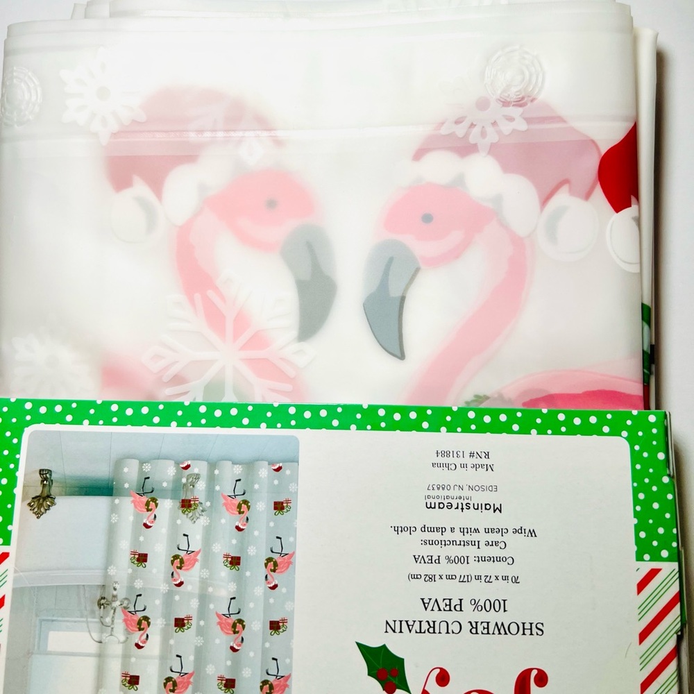 Christmas Pink Flamingos Peva Shower Curtain Tropical Snowflakes Santa Hats - Picture 3 of 5